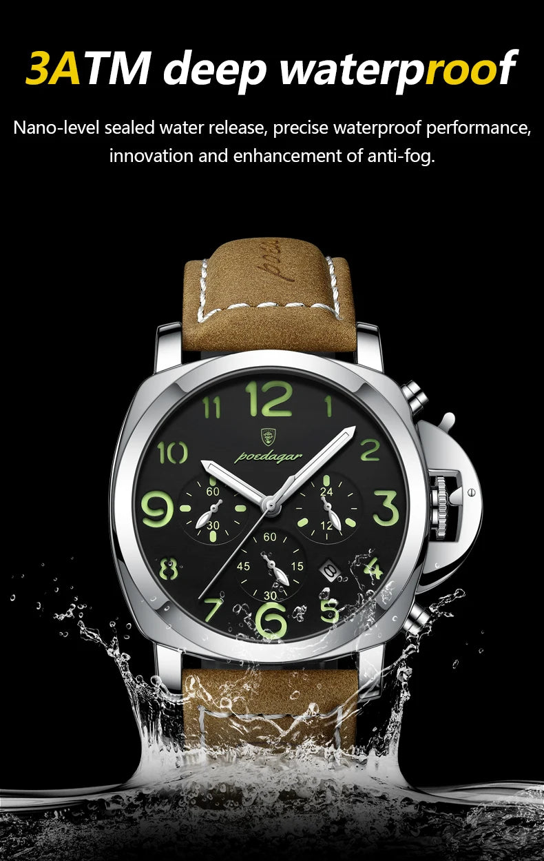 POEDAGAR Luxury Military Watch For Men Waterproof Luminous Leather Man Watch Quartz High Quality Men's Sports Watches Male Reloj
