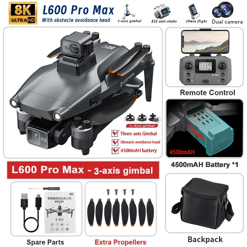 طائرة بدون طيار L600 PRO MAX GPS جديدة لعام 2024، مزودة بكاميرا مزدوجة عالية الدقة بدقة 4K و5 كيلومترات، مزودة بمحور ثلاثي المحاور، وتجنب العوائق بزاوية 360 درجة، طائرة رباعية المراوح بدون فرشاة، لعبة