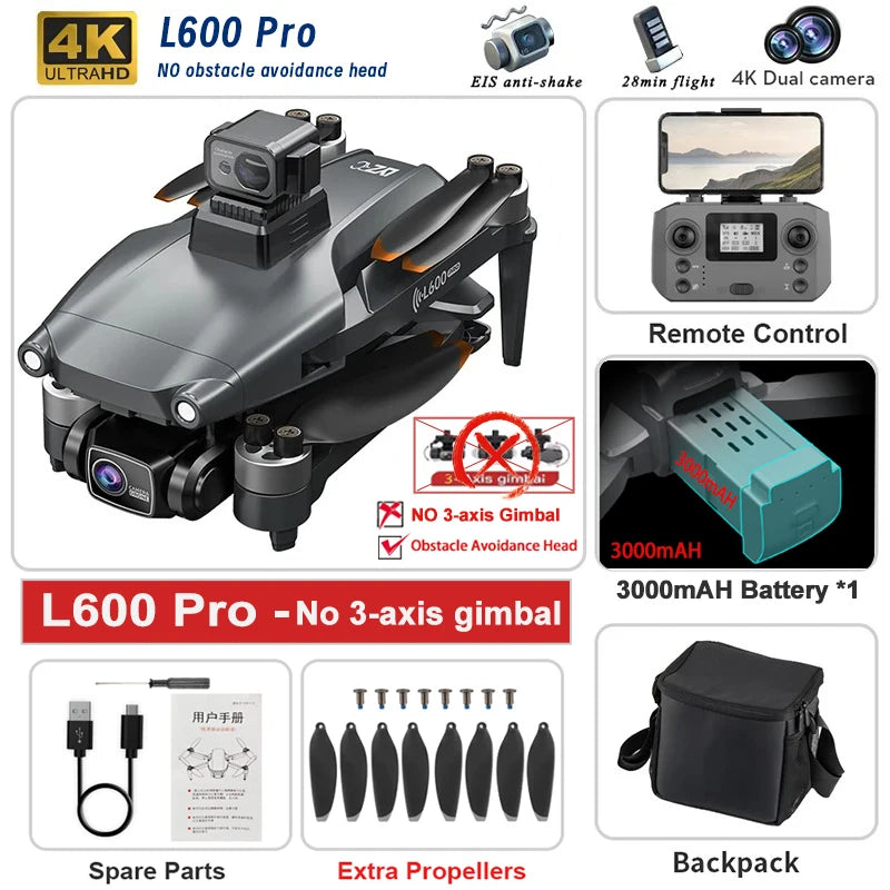 طائرة بدون طيار L600 PRO MAX GPS جديدة لعام 2024، مزودة بكاميرا مزدوجة عالية الدقة بدقة 4K و5 كيلومترات، مزودة بمحور ثلاثي المحاور، وتجنب العوائق بزاوية 360 درجة، طائرة رباعية المراوح بدون فرشاة، لعبة