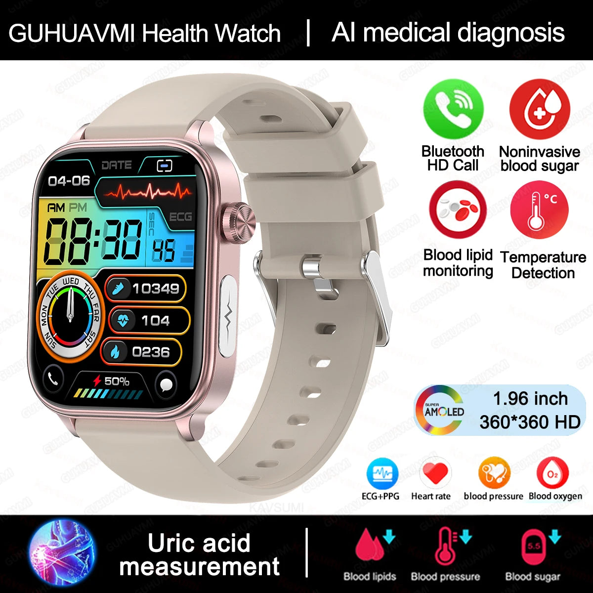 2024New AI Medical Diagnosis Blood Lipids Uric Acid Blood Glucose Smart Watch Men ECG+PPG Voice Bluetooth Call Health Smartwatch
