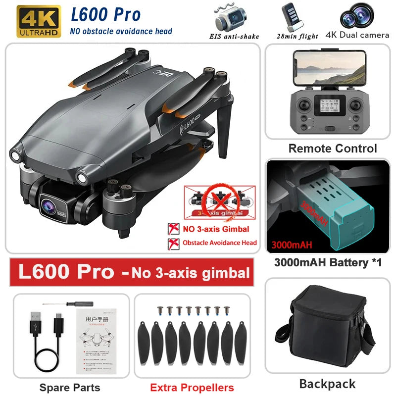 طائرة بدون طيار L600 PRO MAX GPS جديدة لعام 2024، مزودة بكاميرا مزدوجة عالية الدقة بدقة 4K و5 كيلومترات، مزودة بمحور ثلاثي المحاور، وتجنب العوائق بزاوية 360 درجة، طائرة رباعية المراوح بدون فرشاة، لعبة