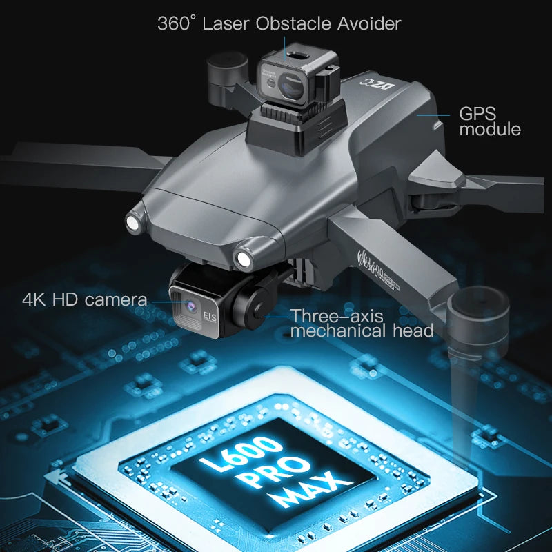 طائرة بدون طيار L600 PRO MAX GPS جديدة لعام 2024، مزودة بكاميرا مزدوجة عالية الدقة بدقة 4K و5 كيلومترات، مزودة بمحور ثلاثي المحاور، وتجنب العوائق بزاوية 360 درجة، طائرة رباعية المراوح بدون فرشاة، لعبة