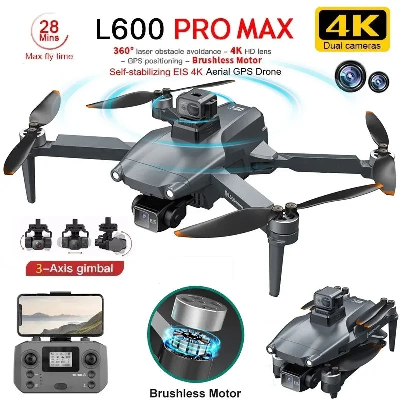 طائرة بدون طيار L600 PRO MAX GPS جديدة لعام 2024، مزودة بكاميرا مزدوجة عالية الدقة بدقة 4K و5 كيلومترات، مزودة بمحور ثلاثي المحاور، وتجنب العوائق بزاوية 360 درجة، طائرة رباعية المراوح بدون فرشاة، لعبة