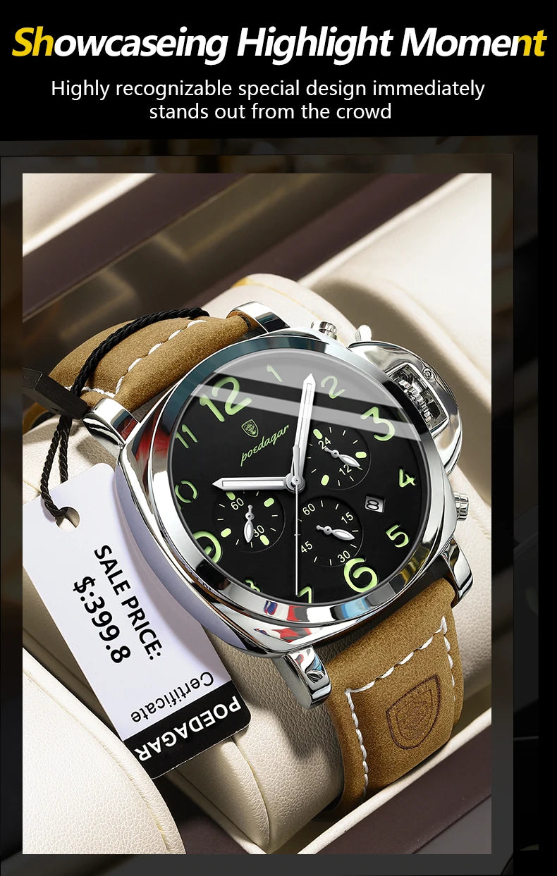 POEDAGAR Luxury Military Watch For Men Waterproof Luminous Leather Man Watch Quartz High Quality Men's Sports Watches Male Reloj