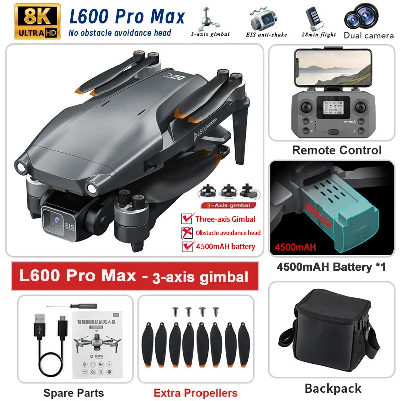 طائرة بدون طيار L600 PRO MAX GPS جديدة لعام 2024، مزودة بكاميرا مزدوجة عالية الدقة بدقة 4K و5 كيلومترات، مزودة بمحور ثلاثي المحاور، وتجنب العوائق بزاوية 360 درجة، طائرة رباعية المراوح بدون فرشاة، لعبة