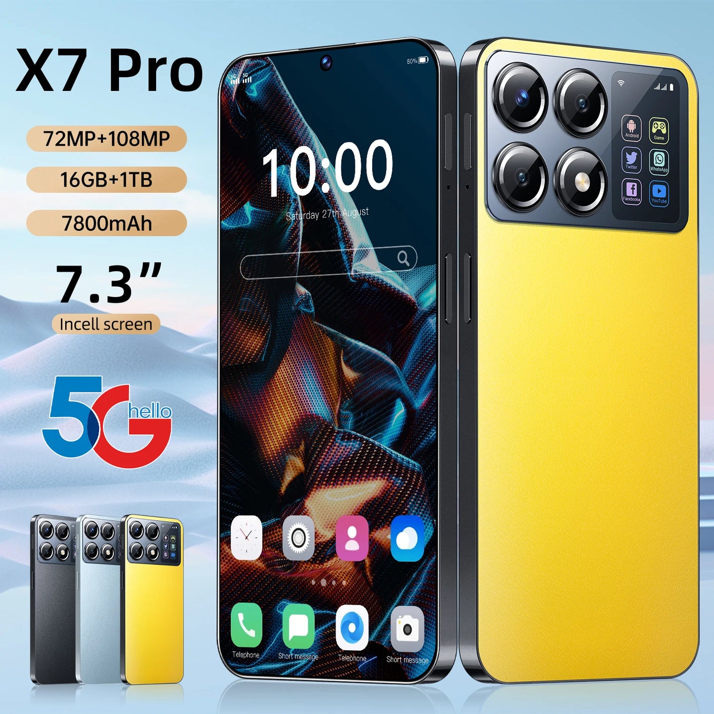 هاتف ذكي جديد X7 Pro الإصدار العالمي لعام 2024 بشاشة كاملة 7.3 بوصة وذاكرة وصول عشوائي 16 تيرابايت + 1 تيرابايت وبطارية 7800 مللي أمبير في الساعة وكاميرا بدقة 108 ميجابكسل