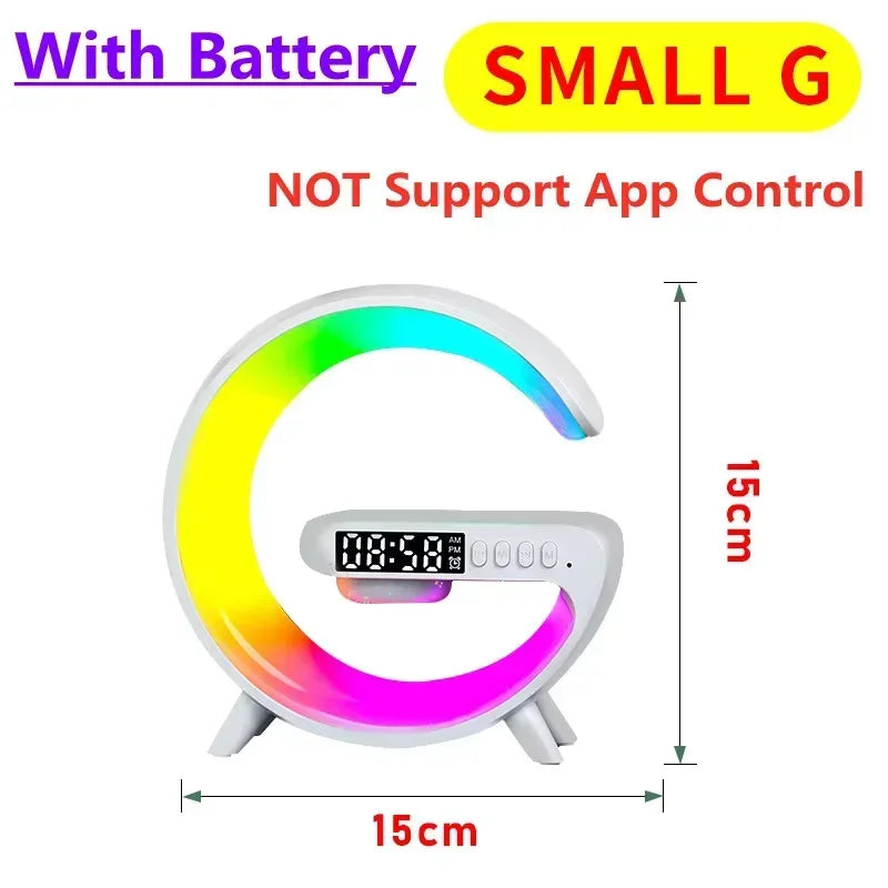 حامل شاحن لاسلكي متعدد الوظائف 4 في 1 مع مكبر صوت RGB ضوء ليلي محطة شحن سريع لأجهزة iPhone وSamsung وXiaomi وHuawei