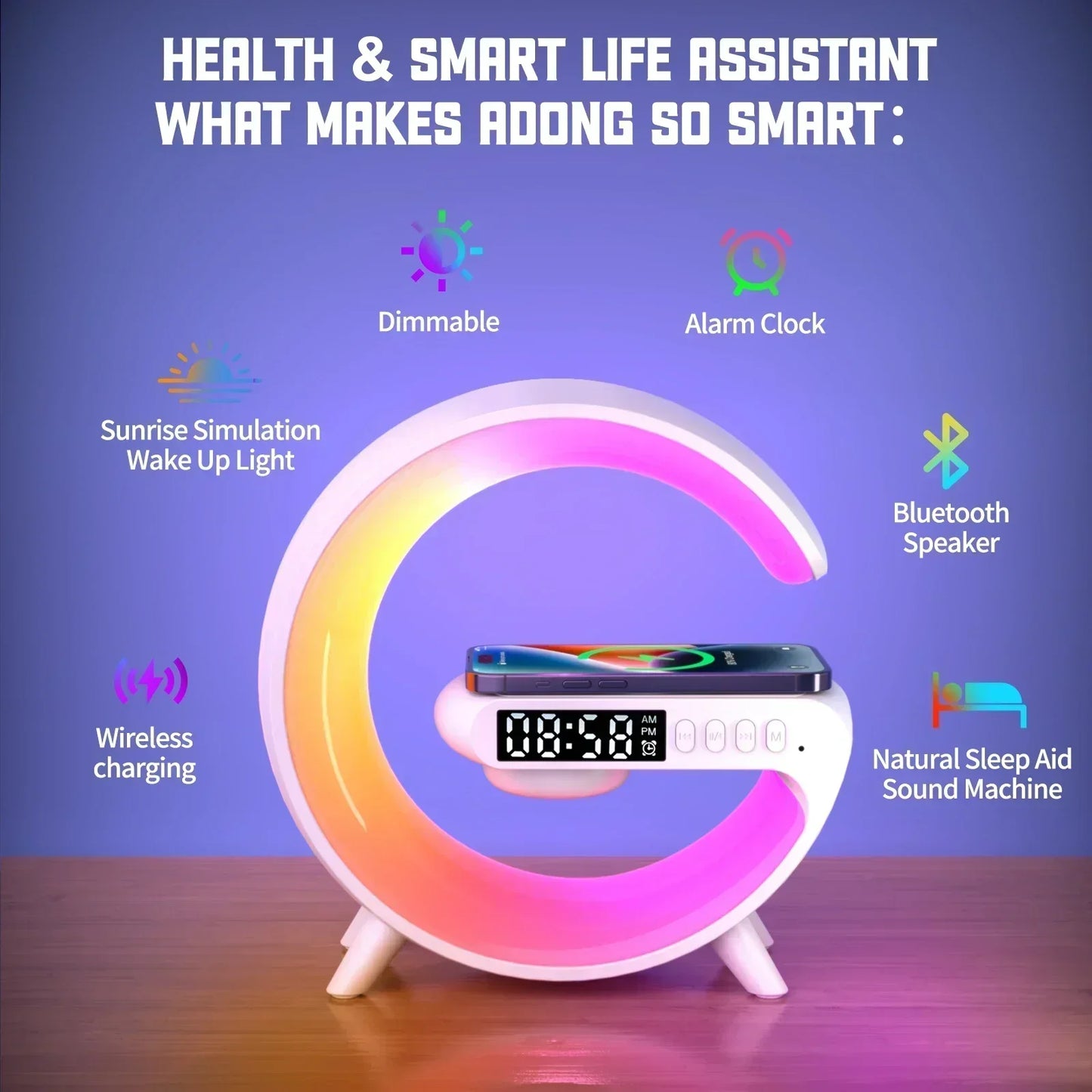 حامل شاحن لاسلكي متعدد الوظائف 4 في 1 مع مكبر صوت RGB ضوء ليلي محطة شحن سريع لأجهزة iPhone وSamsung وXiaomi وHuawei