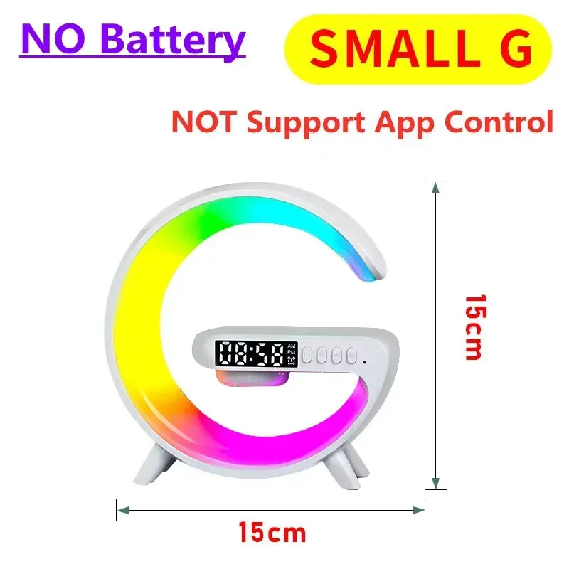 حامل شاحن لاسلكي متعدد الوظائف 4 في 1 مع مكبر صوت RGB ضوء ليلي محطة شحن سريع لأجهزة iPhone وSamsung وXiaomi وHuawei