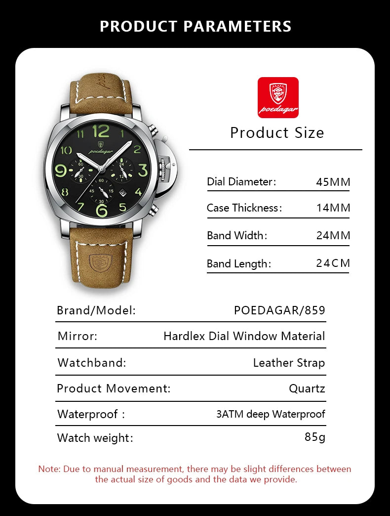 POEDAGAR Luxury Military Watch For Men Waterproof Luminous Leather Man Watch Quartz High Quality Men's Sports Watches Male Reloj