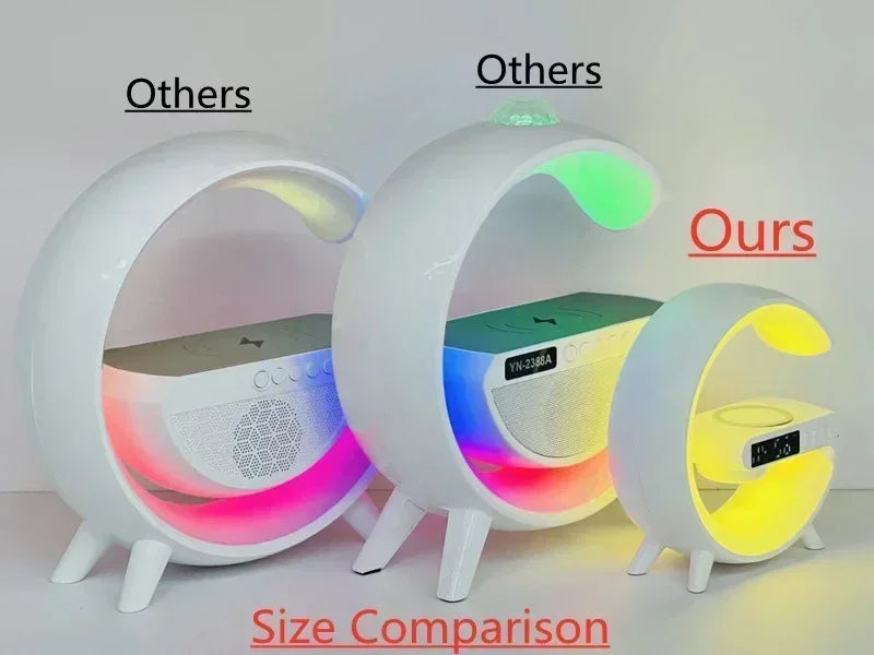 حامل شاحن لاسلكي متعدد الوظائف 4 في 1 مع مكبر صوت RGB ضوء ليلي محطة شحن سريع لأجهزة iPhone وSamsung وXiaomi وHuawei