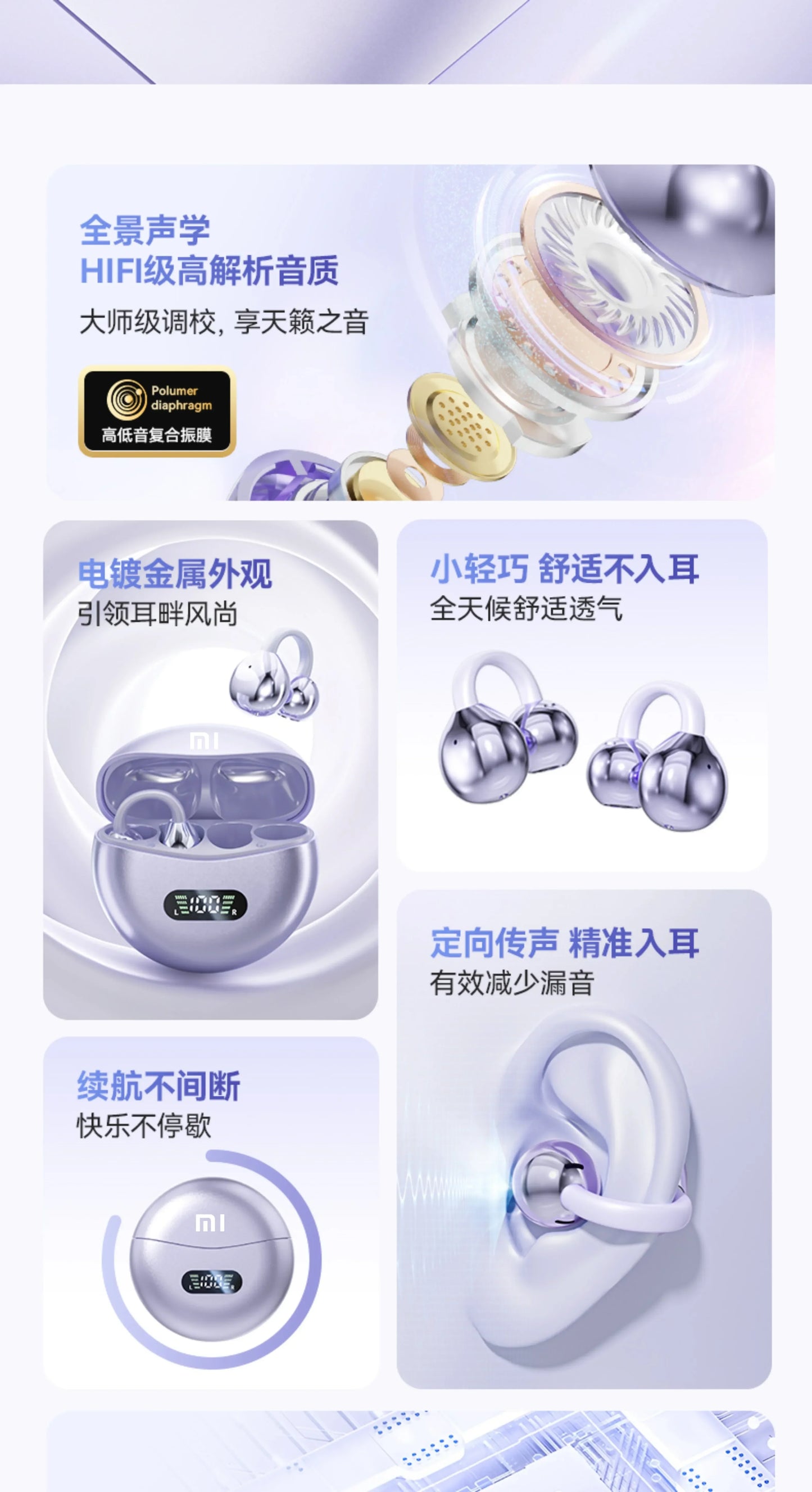 Xiaomi M79 Bone Conduction Earphones Bluetooth 5.4 Earbuds Clip on Ear Comfortable Waterproof Sport Digital Display Headsets