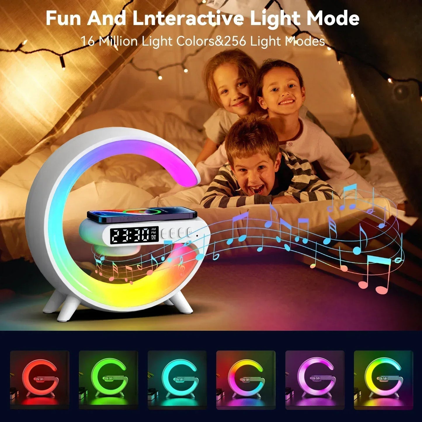 حامل شاحن لاسلكي متعدد الوظائف 4 في 1 مع مكبر صوت RGB ضوء ليلي محطة شحن سريع لأجهزة iPhone وSamsung وXiaomi وHuawei