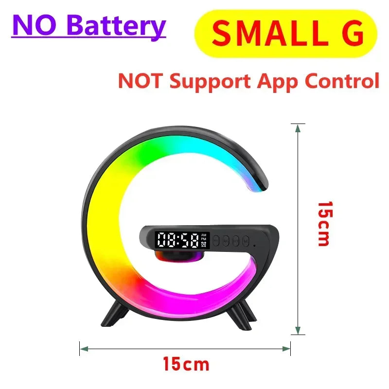 حامل شاحن لاسلكي متعدد الوظائف 4 في 1 مع مكبر صوت RGB ضوء ليلي محطة شحن سريع لأجهزة iPhone وSamsung وXiaomi وHuawei