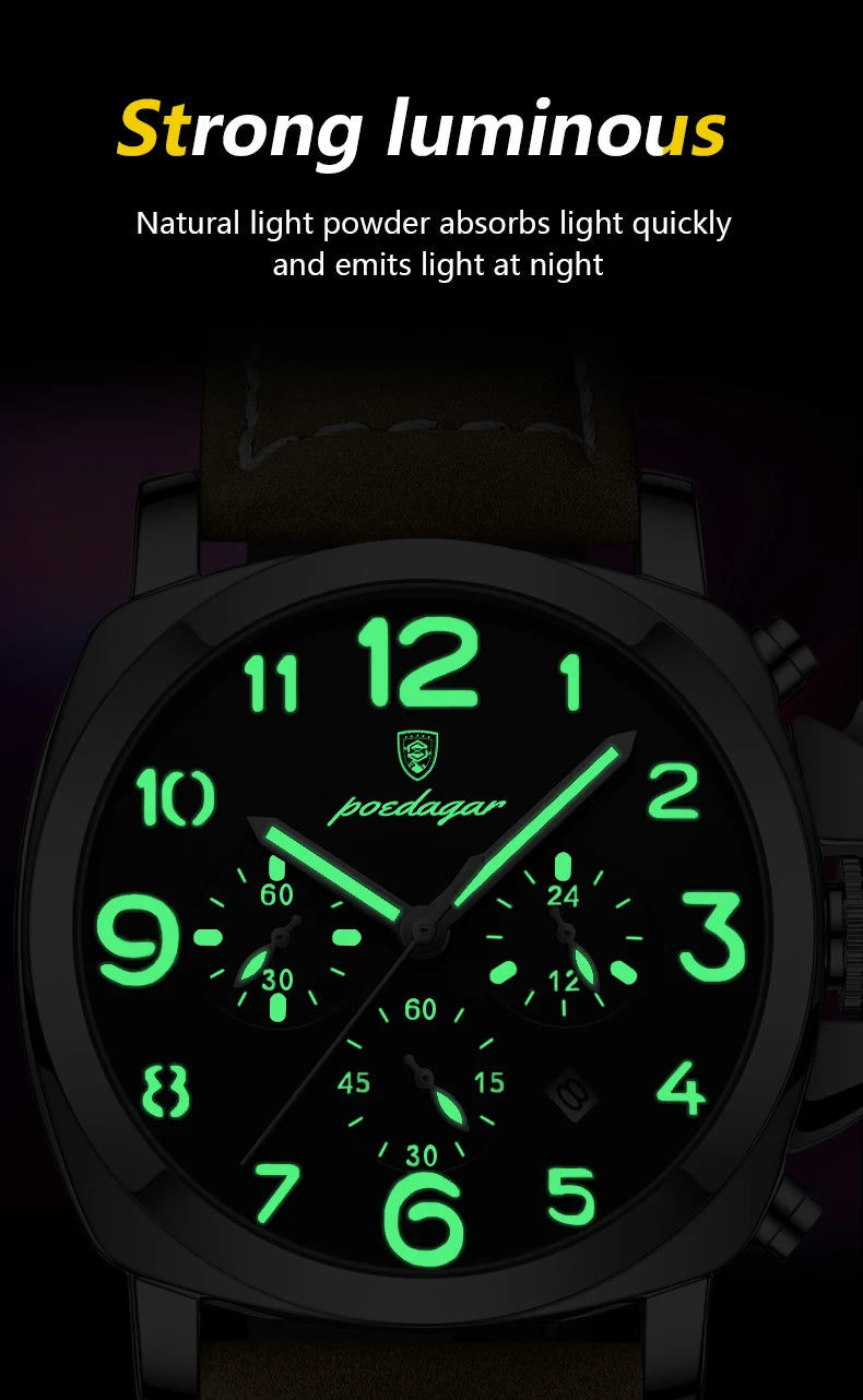 POEDAGAR Luxury Military Watch For Men Waterproof Luminous Leather Man Watch Quartz High Quality Men's Sports Watches Male Reloj