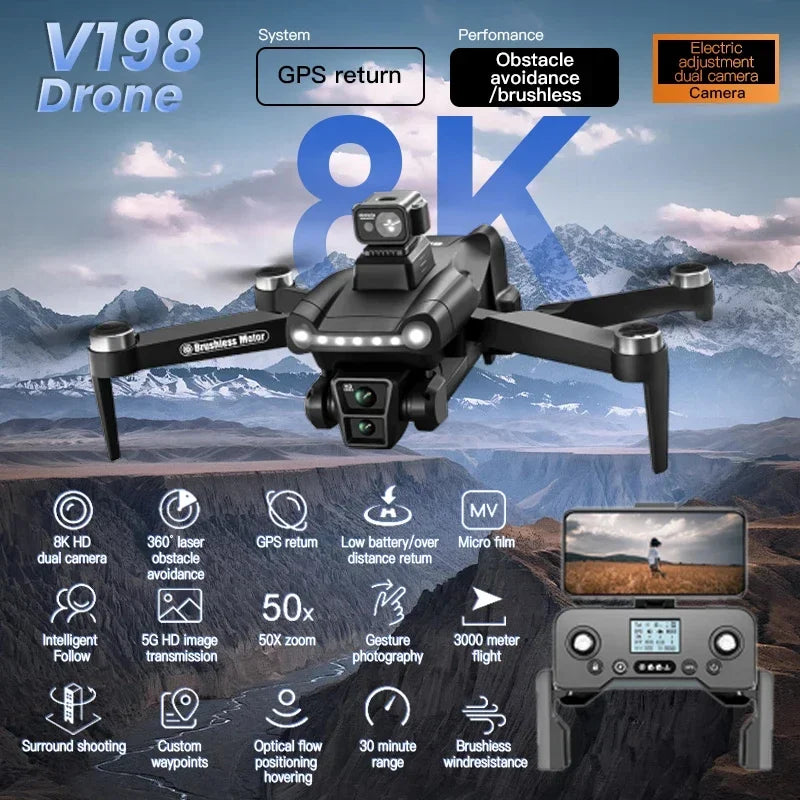 طائرة بدون طيار أصلية V198GPS ESC 8K احترافية بدون فرشاة ليزر تجنب العوائق بصرية جوية قابلة للطي رباعية المراوح صغيرة بدون طيار جديدة