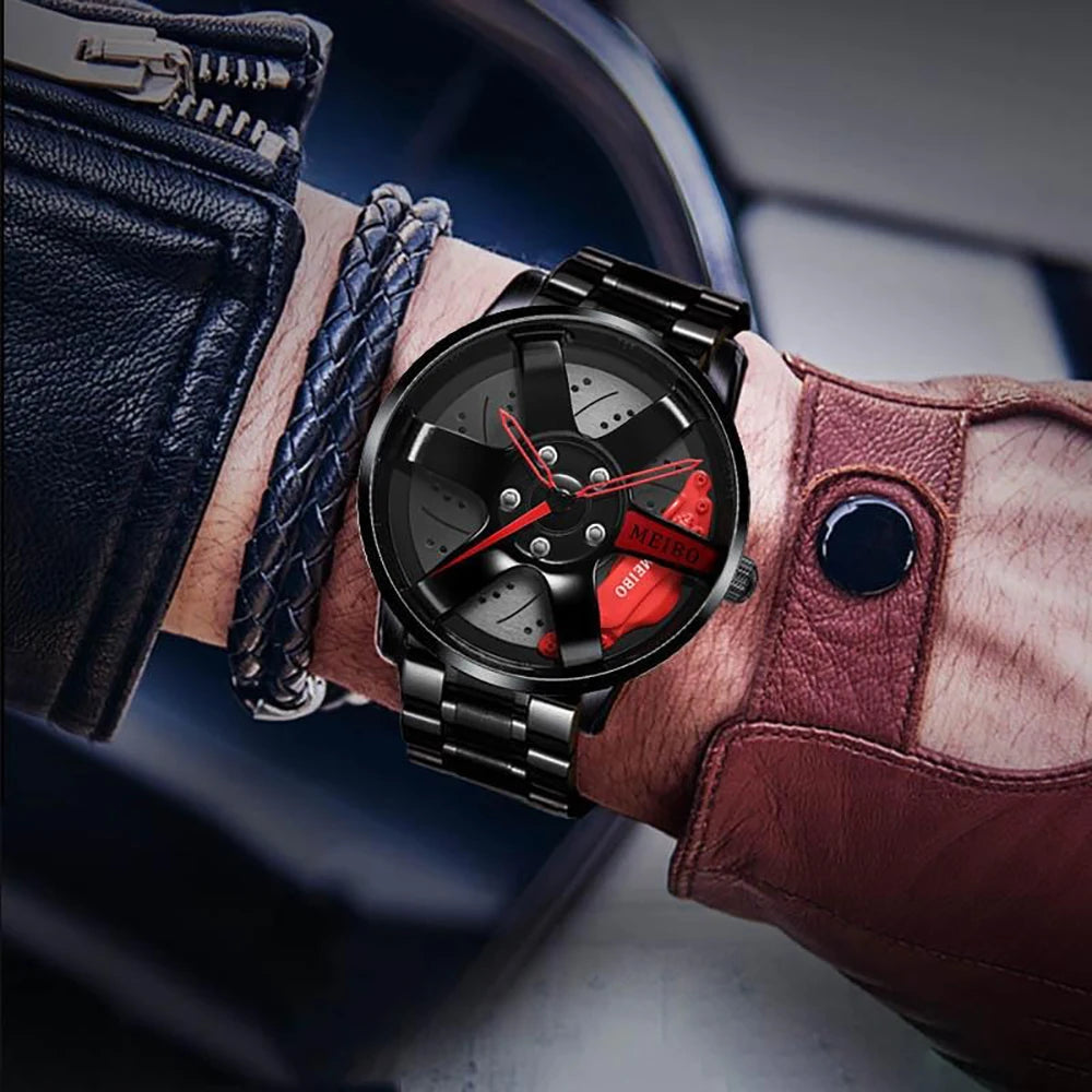 Men Hollow Race Car Business  Quartz Watch Analog Fashion Stainless Steel Watches