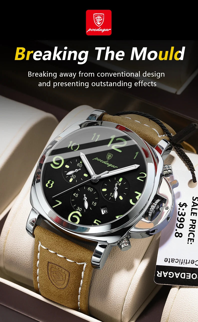 POEDAGAR Luxury Military Watch For Men Waterproof Luminous Leather Man Watch Quartz High Quality Men's Sports Watches Male Reloj