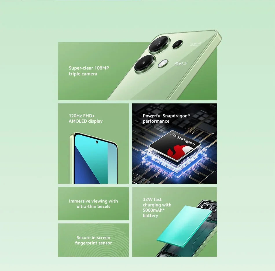 Global Version Xiaomi Redmi Note 13 Smartphone 6.67 Inch 120hz AMOLED Screen Snapdragon 685 108MP Triple Camera 5000mAh