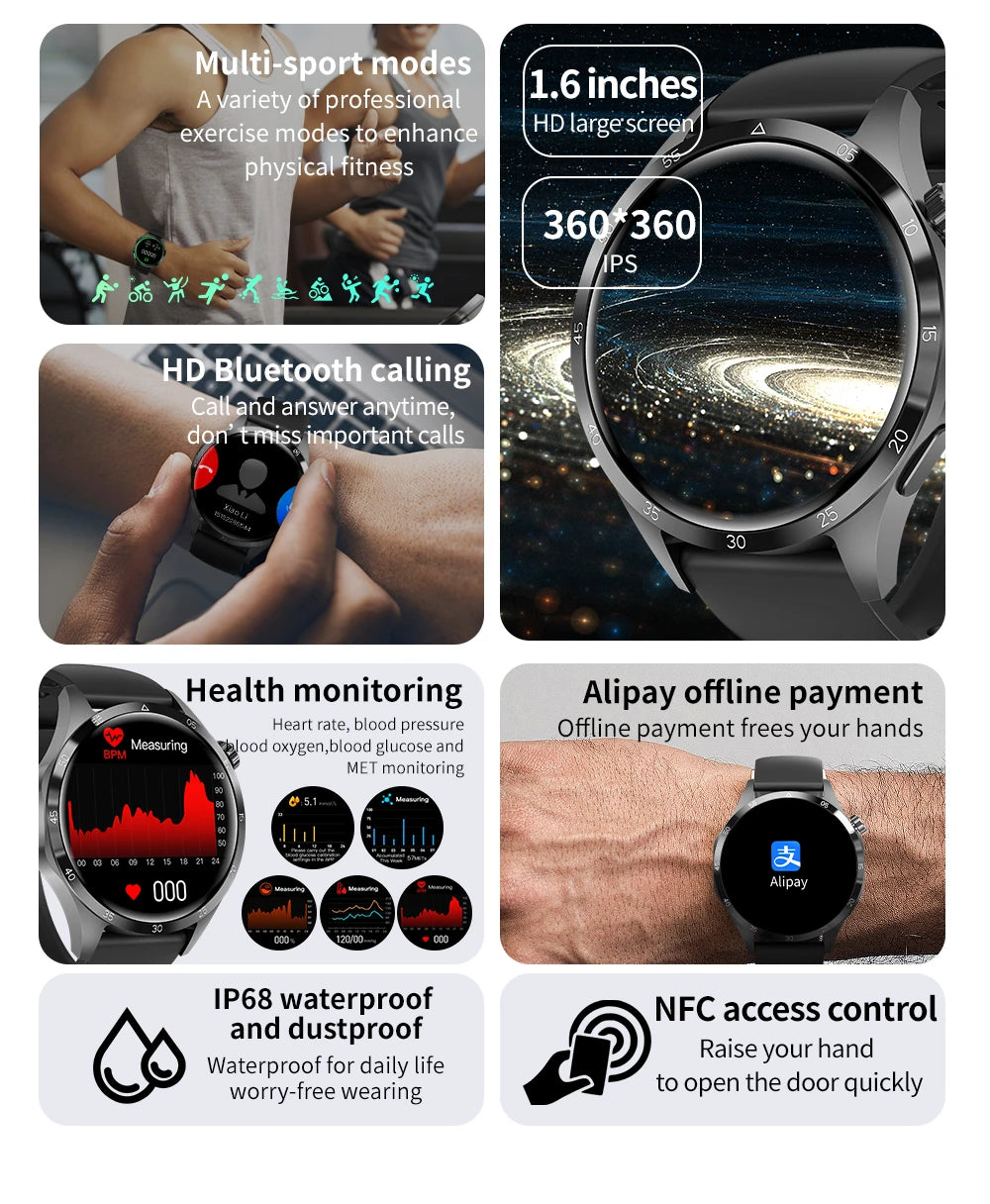 2025 For Android GT4 Pro GPS NFC Smart Watch Men 360*360 AMOLED Screen Heart rate Bluetooth Call IP68 Waterproof Man Smartwatch