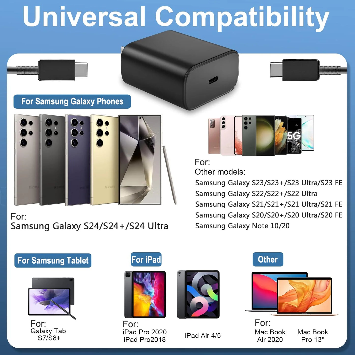45W PD Charger Super Fast Charging For Samsung Galaxy S24 S23 Ultra Note Mobile Phone Type C Quick Charge Adapter Data Cable Set
