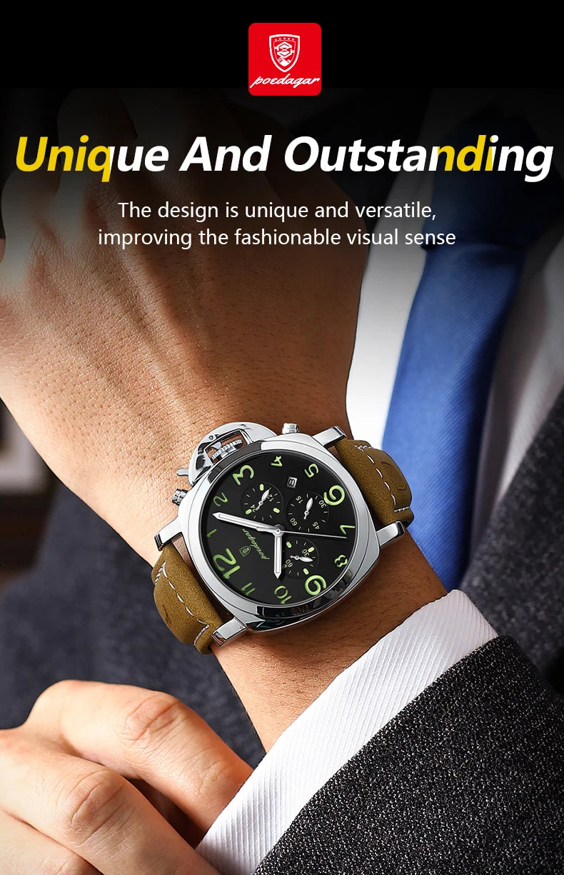 POEDAGAR Luxury Military Watch For Men Waterproof Luminous Leather Man Watch Quartz High Quality Men's Sports Watches Male Reloj
