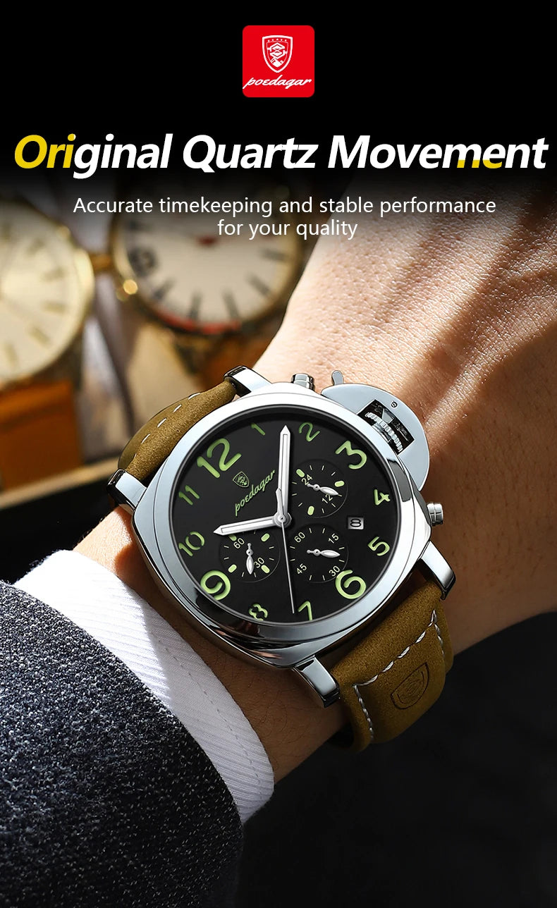 POEDAGAR Luxury Military Watch For Men Waterproof Luminous Leather Man Watch Quartz High Quality Men's Sports Watches Male Reloj