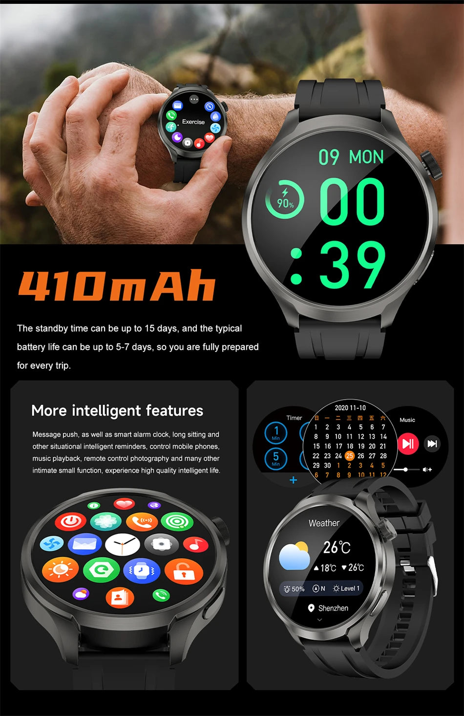 ساعة هواوي الذكية الرياضية الخارجية الجديدة لعام 2024 للرجال بشاشة AMOLED وNFC ونظام تحديد المواقع العالمي (GPS) وبوصلة ومعدل ضربات القلب ومقاومة للماء وبلوتوث وساعة ذكية للاتصال